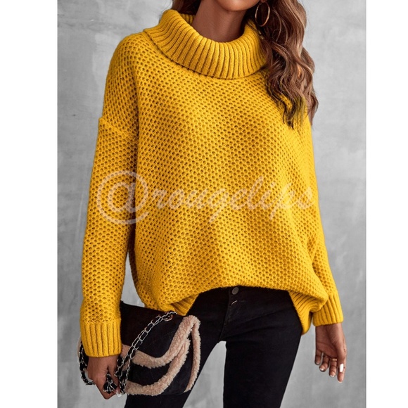 Mustard Yellow Knit Turtleneck Pullover Sweater Long Sleeve Loose Fit Oversized - Picture 7 of 8